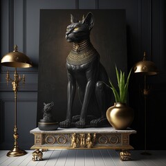 Ancient Egyptian black cat with golden ornaments. Statuette in black interior, podium. Ancient Egyptian goddess Bastet. AI