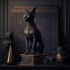 Ancient Egyptian black cat with golden ornaments. Statuette in black interior, podium. Ancient Egyptian goddess Bastet. AI