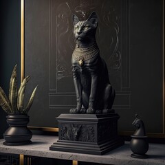 Wall Mural - Ancient Egyptian black cat with golden ornaments. Statuette in black interior, podium. Ancient Egyptian goddess Bastet. AI