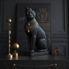 Ancient Egyptian black cat with golden ornaments. Statuette in black interior, podium. Ancient Egyptian goddess Bastet. AI