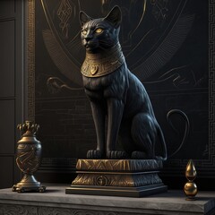 Wall Mural - Ancient Egyptian black cat with golden ornaments. Statuette in black interior, podium. Ancient Egyptian goddess Bastet. AI