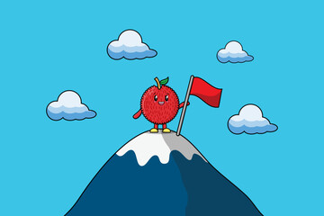 Wall Mural - Illustration of cute character Lychee climbs top mountain in flat modern design