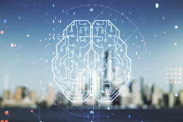 Poster - Virtual creative artificial Intelligence hologram with human brain sketch on blurry skyscrapers background. Double exposure