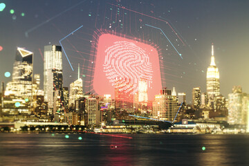Aufkleber - Double exposure of virtual creative fingerprint hologram on New York city skyscrapers background, research and development concept