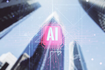Poster - creative artificial intelligence symbol hologram on modern architecture background. double exposure