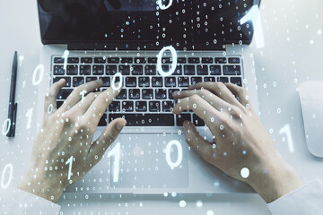 Aufkleber - Double exposure of creative abstract binary code hologram and hands typing on laptop on background. Database and programming concept