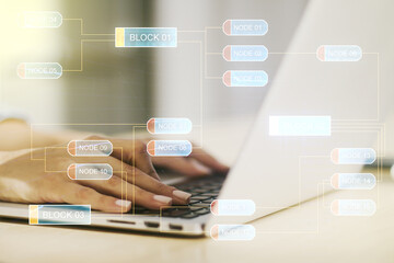 Poster - Multi exposure of abstract software development hologram and hands typing on computer keyboard on background, research and analytics concept