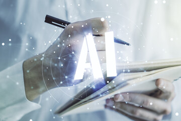 Poster - Creative artificial Intelligence symbol concept with man hand writing in notebook on background. Multiexposure