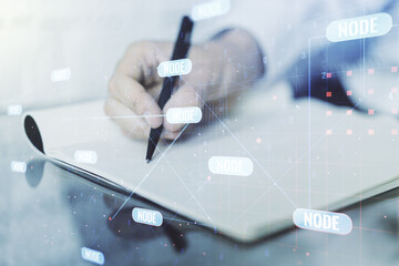 Poster - Double exposure of abstract programming language with man hand writing in notebook on background, research and development concept