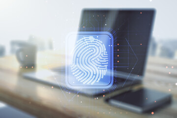 Poster - Multi exposure of creative fingerprint hologram and modern desktop with laptop on background, personal biometric data concept