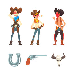 Sticker - Wild West Cowboy Man in Hat and Boots with Horseshoe, Gun and Bull Skull Vector Set