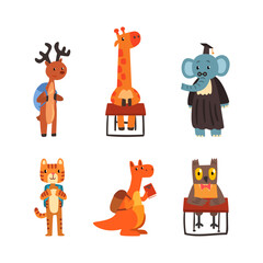 Poster - Animals Character with Backpack and Book Engaged in School Education Vector Set