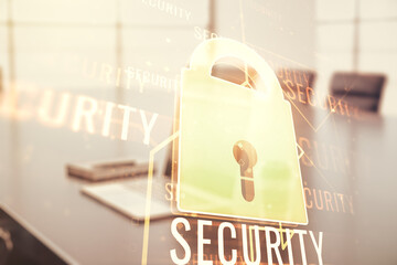 Poster - Creative lock sketch with chip hologram on modern laptop background, protection of personal data concept. Multiexposure
