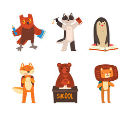 Sticker - Animals Character with Backpack and Book Engaged in School Education Vector Set