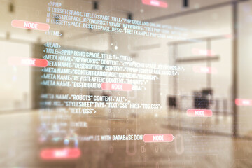 Poster - Multi exposure of abstract graphic coding sketch on a modern furnished classroom background, big data and networking concept