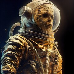 Wall Mural - A fictional person, not based on a real person. Portrait of an fictional astronaut in a spacesuit. High-tech astronaut from the future. The concept of space travel. Generative AI