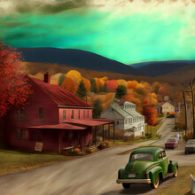 A Vintage Postcard Image Of A Scenic Vermont Town In The Autumn. [Digital Art Painting, Historic / Storybook Background, Graphic Novel, Postcard, Or Product Image]
