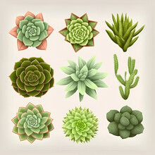 Isolated Set Of Succulents. [Digital Art Painting, Nature Background, Graphic Novel, Postcard, Or Product Image]