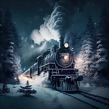 A Vintage Steam Train With A Vintage Locomotive And Vintage Cars Moves Along The Rails Through The Night Forest. Generative AI