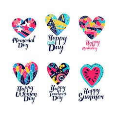 Wall Mural - Heart Greeting Cards with Inscription for Different Holiday Congratulation Vector Set