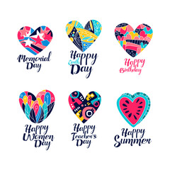 Poster - Heart Greeting Cards with Inscription for Different Holiday Congratulation Vector Set