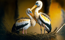 Couple Of Storks In The Nest. Digital Art