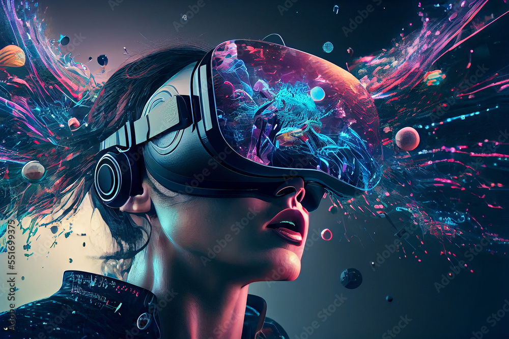 A person in a futuristic virtual reality headset, surrounded by a sea ...