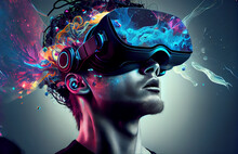 A Person In A Futuristic Virtual Reality Headset, Surrounded By A Sea Of Vibrant Data And Sensory Stimuli, Interactting With A Virtual Reality Environment That Has Been Designed To Simulate The Brain 