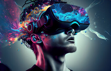 A person in a futuristic virtual reality headset, surrounded by a sea of vibrant data and sensory stimuli, interactting with a virtual reality environment that has been designed to simulate the brain 