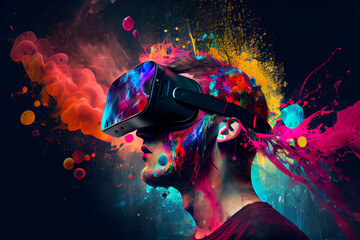 A person in a futuristic virtual reality headset, surrounded by a sea of vibrant data and sensory stimuli, interactting with a virtual reality environment that has been designed to simulate the brain 