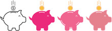 Piggy Bank Icon Set. Style With Coin Or Money, Vector Illustration