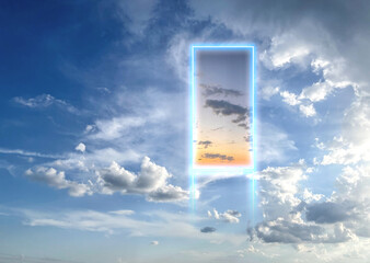 surreal neon portal in the cloudy sky, science fiction concept