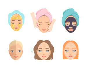 Wall Mural - Face Skin Care and Cosmetic Treatment with Female Head in Wrapped Towel Having Dermal Procedure Vector Set