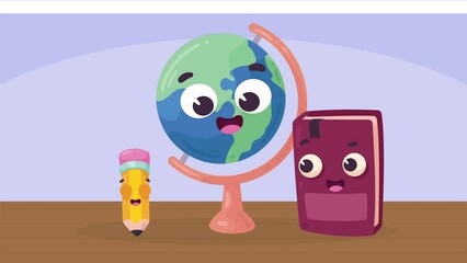 Poster - world map and supplies kawaii characters animation