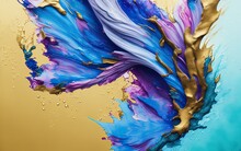 Abstract Paint Splash, Blue Gold And Purple, Droplets, Copy Space