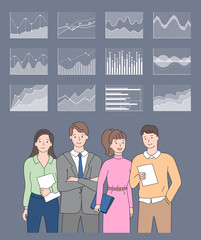 Poster - information in visual form vector, business team company colleagues working on new project, people w
