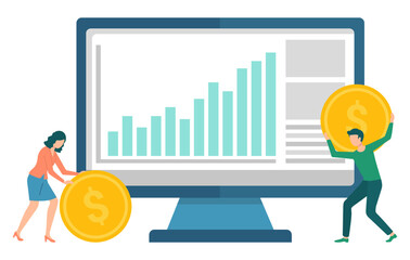 Poster - Workers earning money, financial graph report on monitor. Man and woman holding coins, symbol of investment or income, budget and computer vector