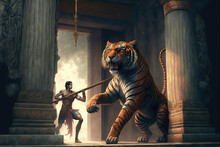 Generative AI : Sala The Founder Of The Ancient Hoysala Dynasty In Medieval India, Fighting A Large Tiger As Per Legend
