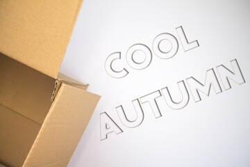 Poster - Cool Autumn word with cardboard box. Brown folded card box.