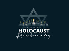 International Holocaust Remembrance Day, Glowing Jewish Star And Text, Burning Candle And Flag Of Israel, Dark Background