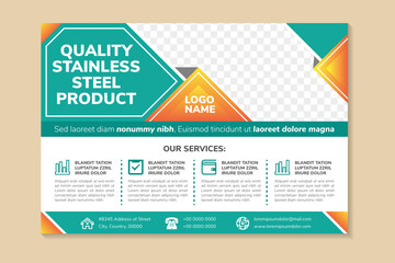Wall Mural - banner template design for promotion of quality stainless steel product. horizontal layout with square space for photo collage in diagonal. yellow gradient and green elements on white background.