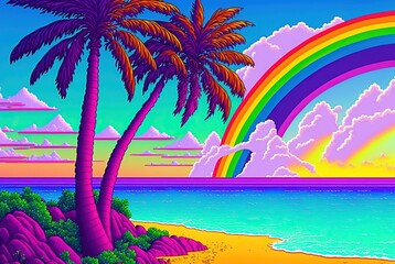 Tropical island with unspoiled beach and tall coconut palm trees - fabulous summer sky with rainbow and calm ocean waves. vibrant colorful seascape illustration.