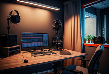 A podcast is being aired from an empty internet radio studio equipped with a quality microphone and lighting. a laptop computer and a digital mixing console are used in a video podcasting setup