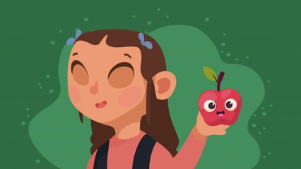 Sticker - little student girl with apple fruit