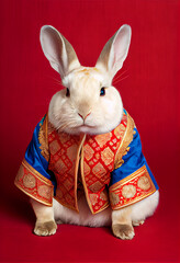 Adorable Rabbit Wearing Traditional Chinese Red and Gold Jacket for Celebration of Lunar New Year. Generative AI