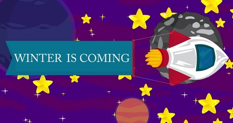 Poster - Rocket with Winter is Coming Banner in Space. Cartoon Animation.