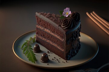 Wall Mural - a slice of chocolate cake with chocolate frosting