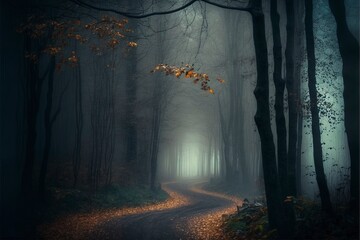Fototapete - Autumn in the forest, dark foggy day