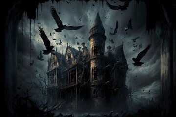 black birds of doom chaotically flying along with dark spirits released from imprisonment in a vampire castle, dark clouds, detailed