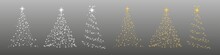 Set Of Shiny Christmas Tree. Glittering Lights In The Form Of A Christmas Tree With Bright Shining. Christmas Light Effect. Golden Glowing Spruce. PNG Image